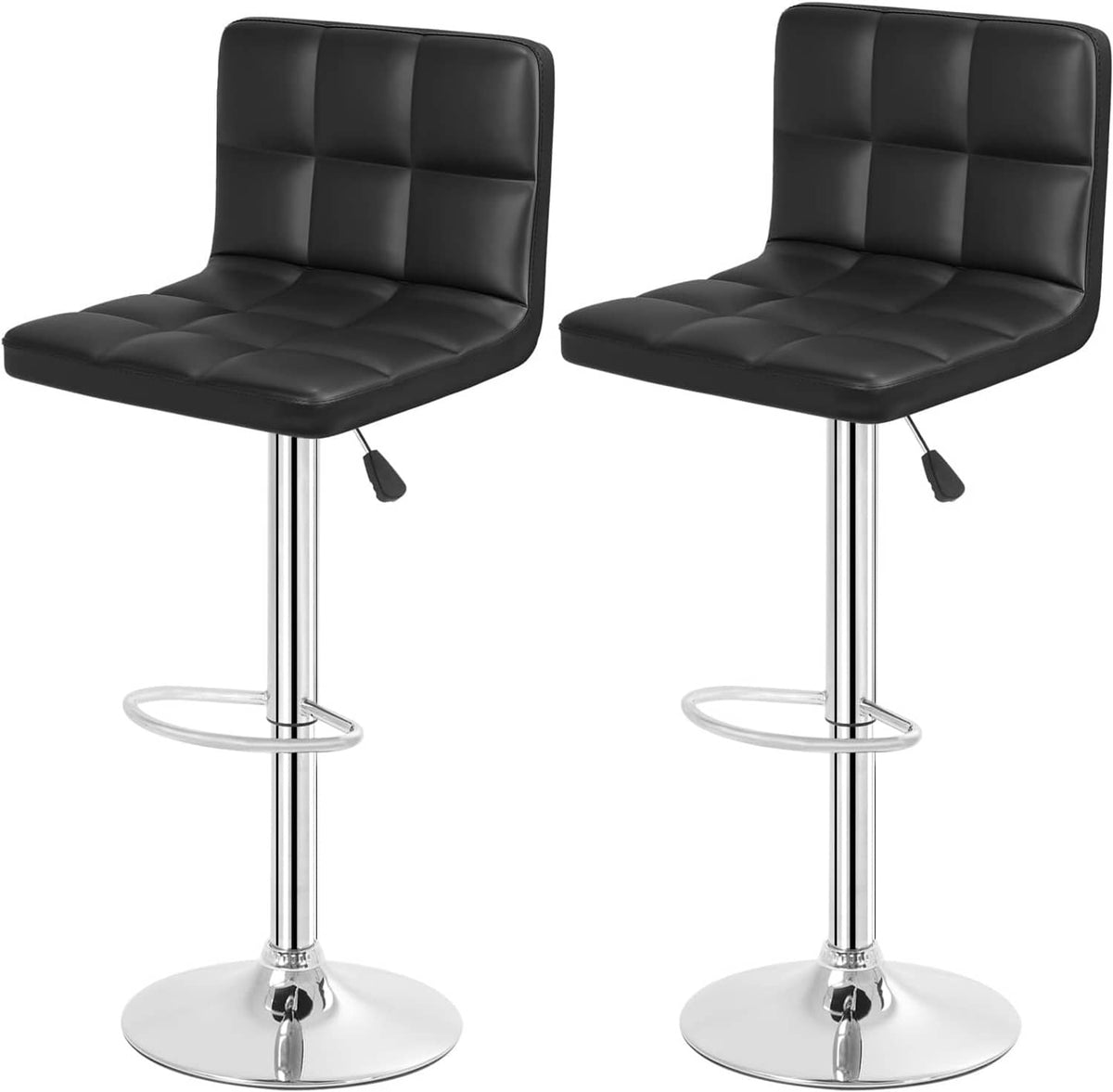 Pair of black upholstered swivel bar stools with square padded seats, chrome pedestal bases