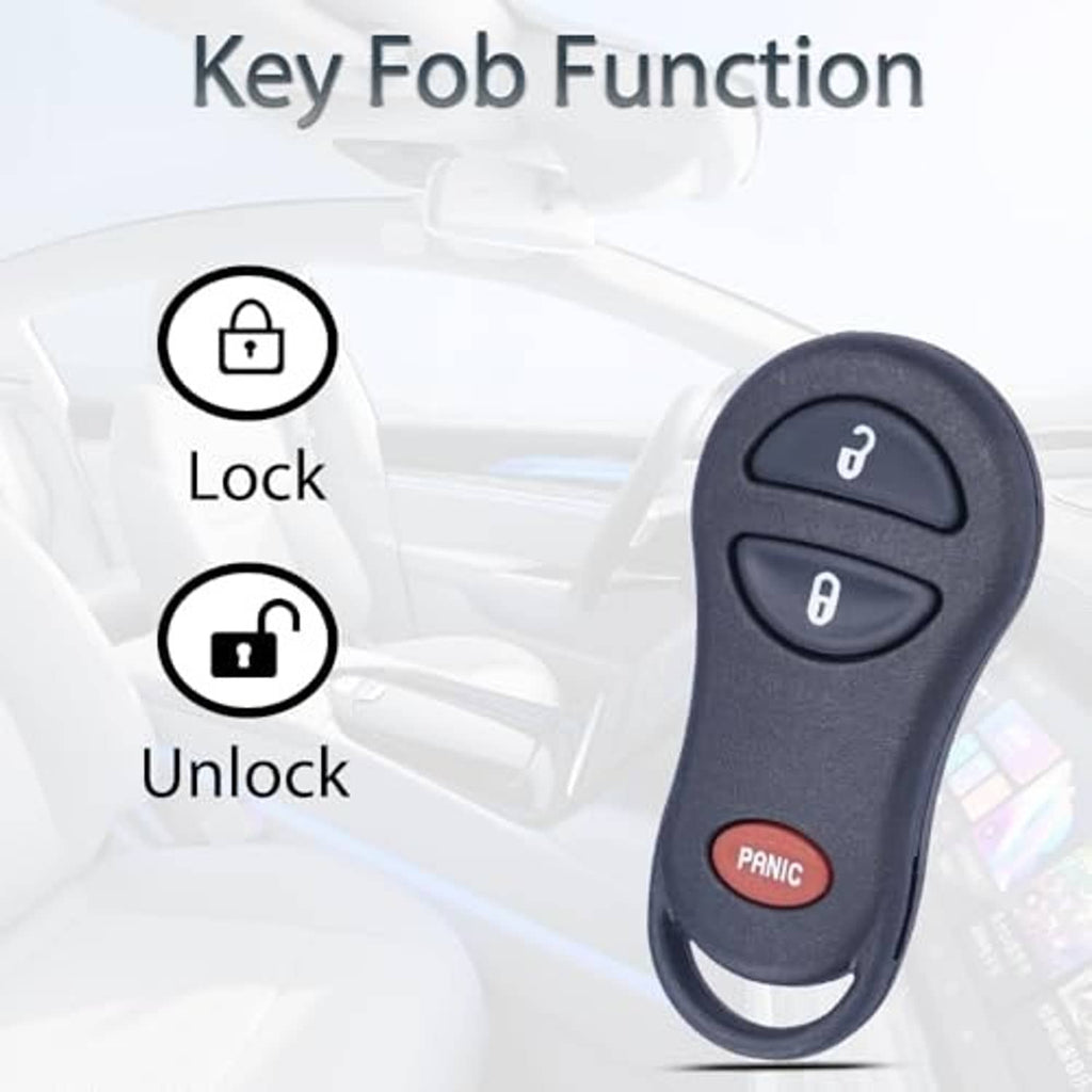 Dark blue car key fob remote with Lock and Unlock icons; Panic button at bottom.