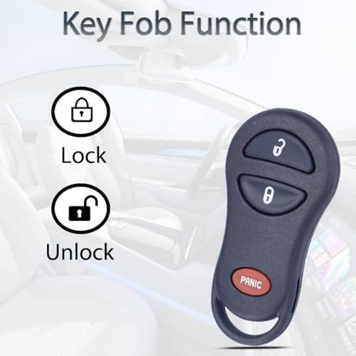 Dark blue car key fob remote with Lock and Unlock icons; Panic button at bottom.
