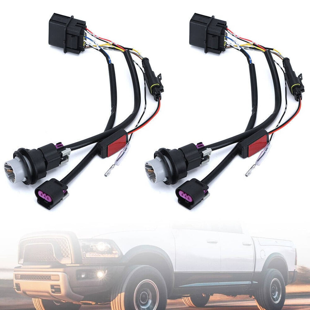 Projector headlight conversion wire harness with two black bulb sockets and loom
