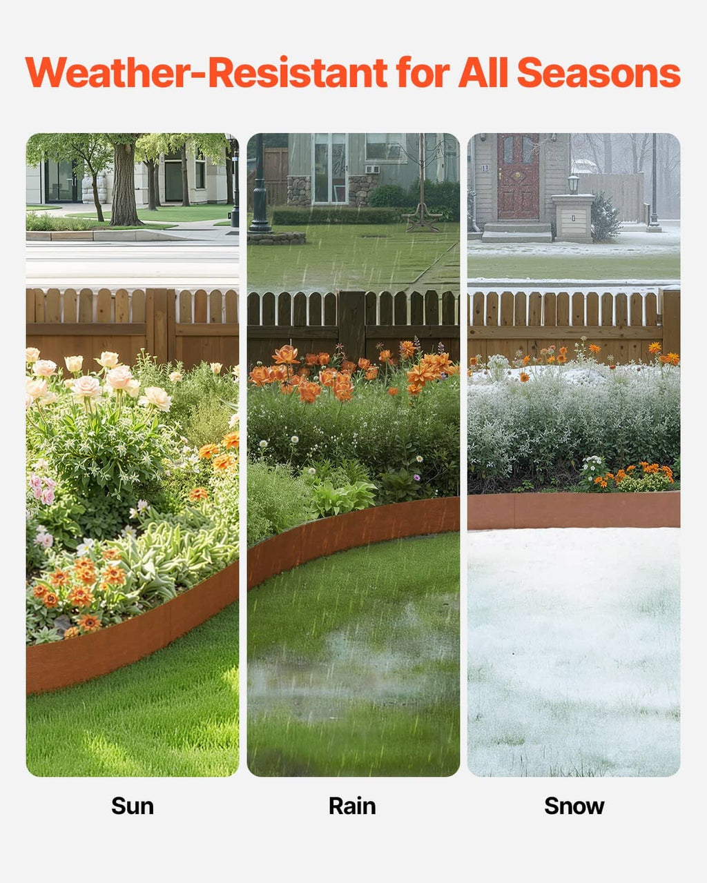 Rust-brown steel landscape edging border with pointed spikes for sun, rain, and snow