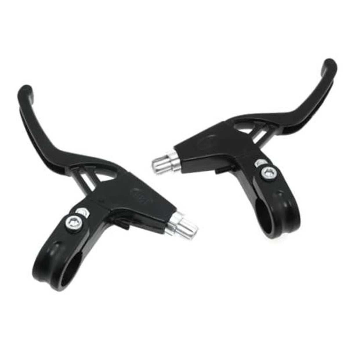 Pair of black bicycle extended brake levers with silver adjustment barrel and bolts