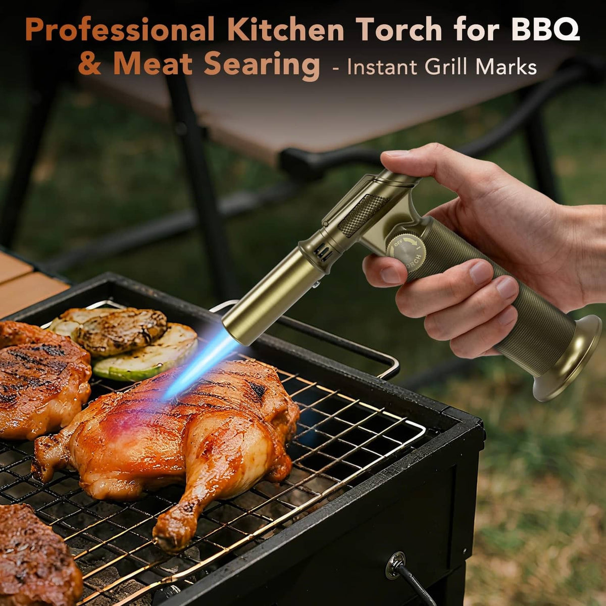 Gold butane torch held over BBQ grill with blue flame for meat searing