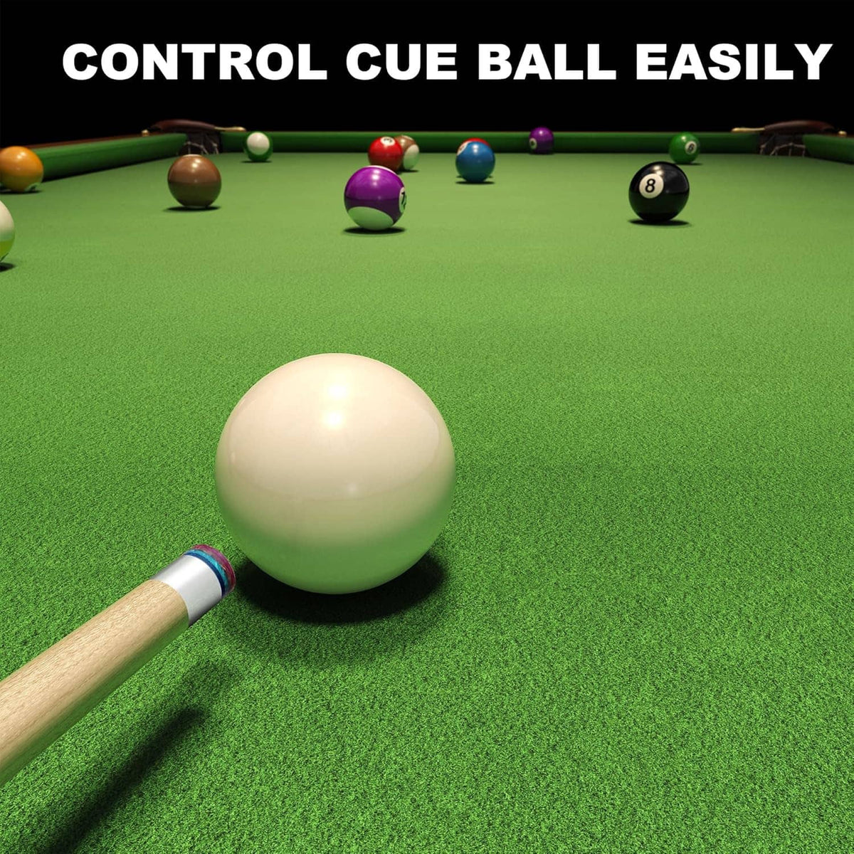 Pool cue with white cue ball and angled shot-ready cue tip on felt table
