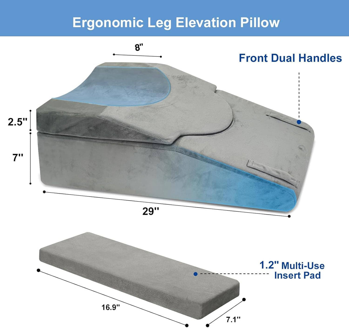 Gray leg elevation pillow with contoured knee cutout and dual front handles