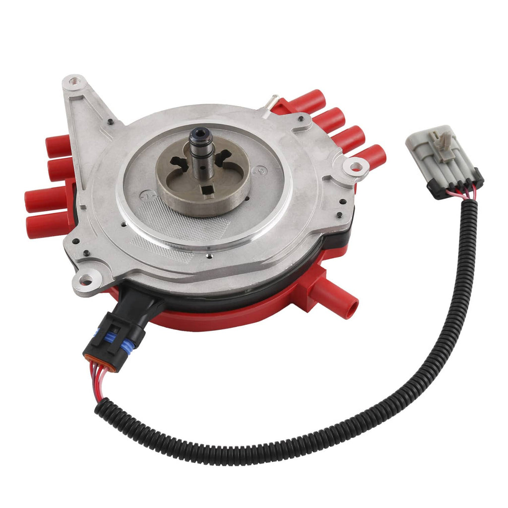 Ignition distributor with red cap and electrical connector wiring, silver base plate