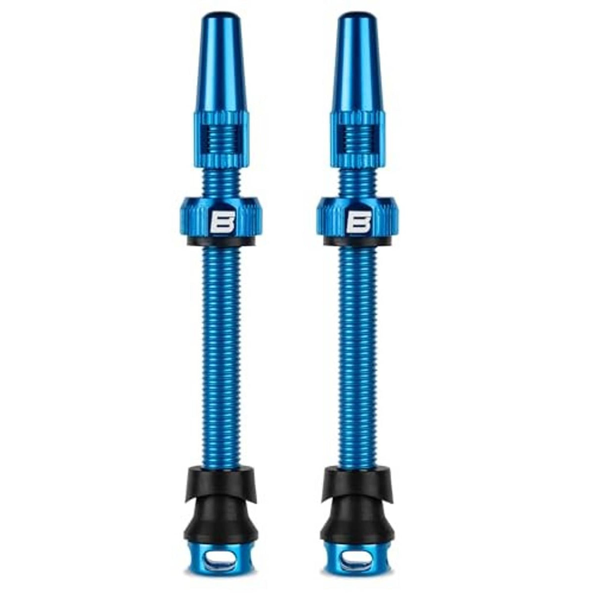 Pair of blue aluminum Presta tubeless valve stems with black locking rubber base