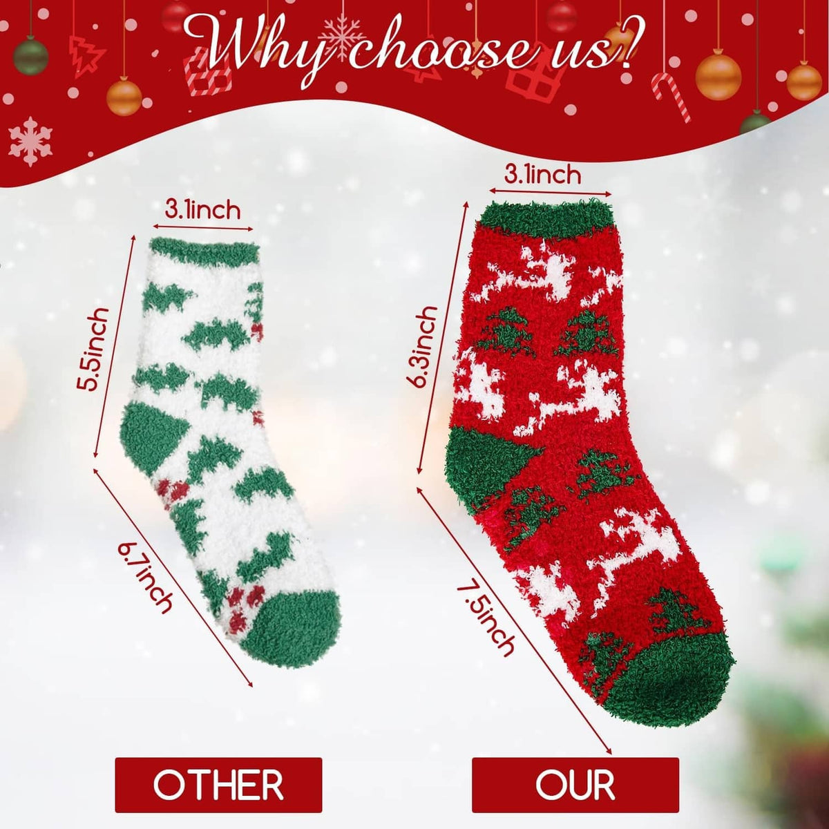 Two Christmas sock designs shown side by side: green-and-white stripe pattern and red-and-white pattern