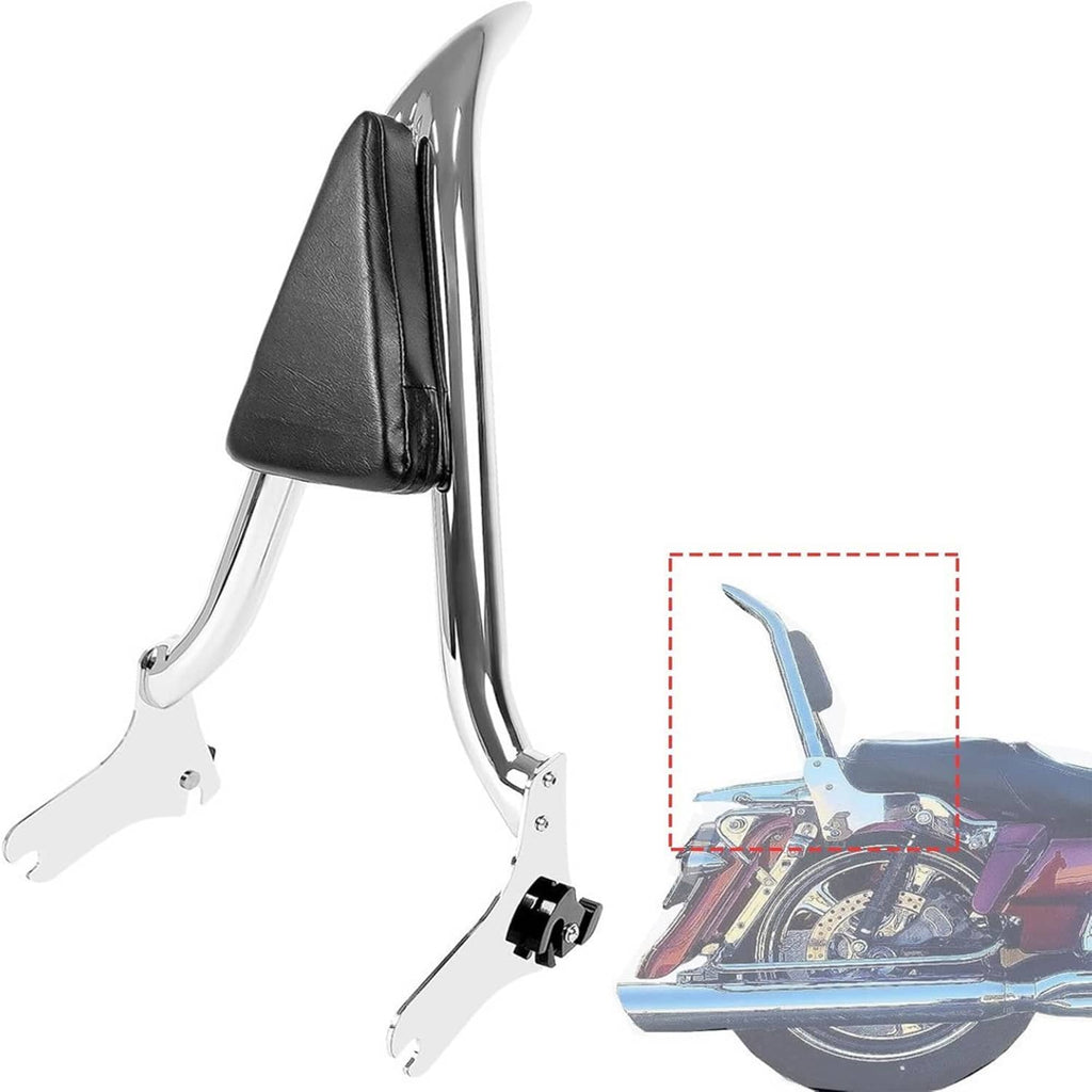 Motorcycle sissy bar backrest with black leather-style pad and chrome frame