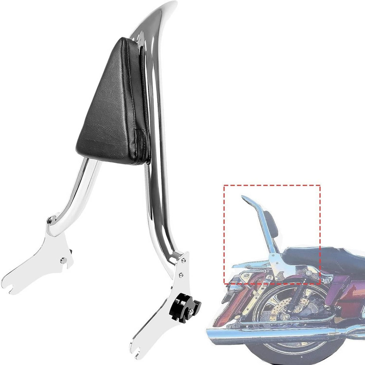 Motorcycle sissy bar backrest with black leather-style pad and chrome frame