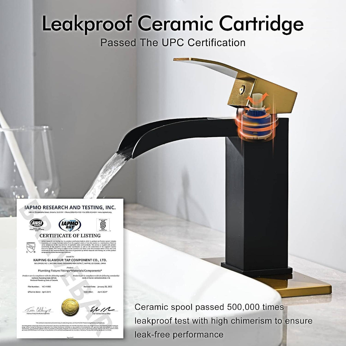 Black and gold single-handle waterfall bathroom faucet with arched spout