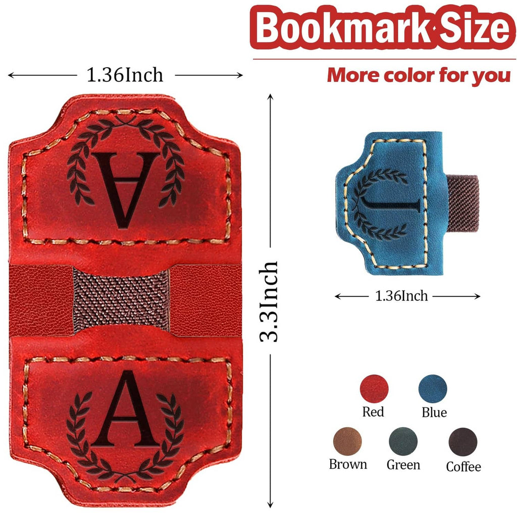 Leather magnetic letter bookmark size view with stitched red and blue patches