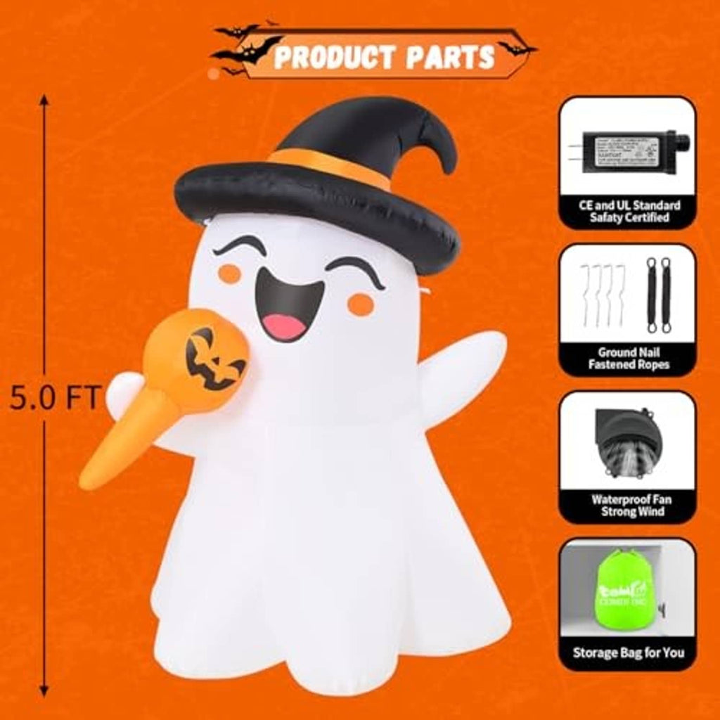 White inflatable ghost with black witch hat and orange jack-o-lantern, fan and parts shown