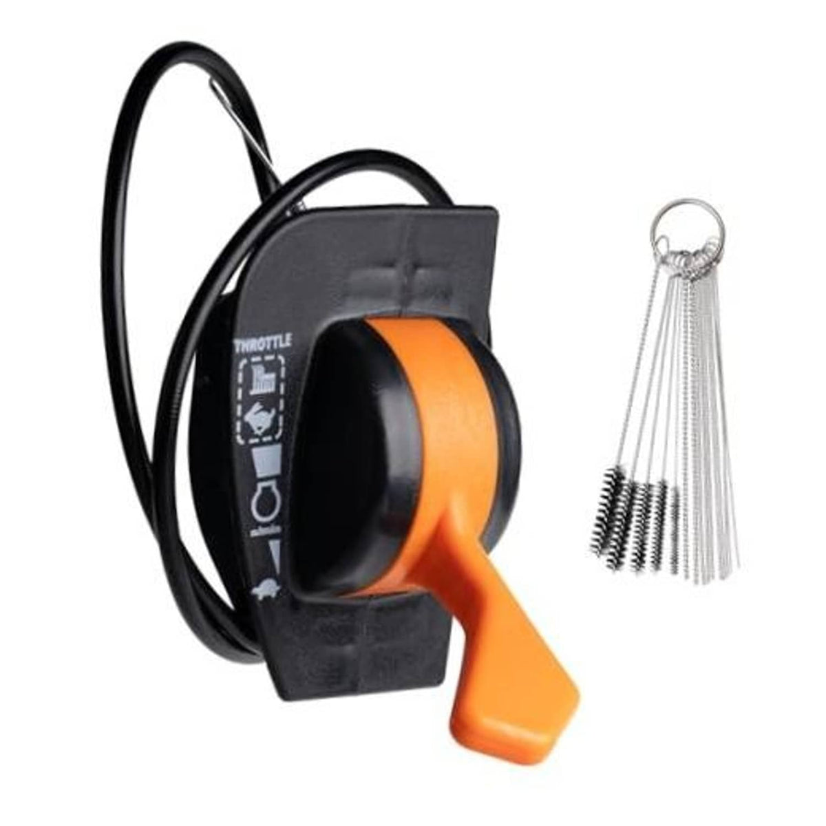 Throttle control cable with black housing, orange throttle lever, and coiled spring probes
