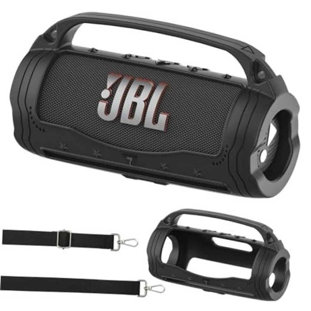 Black silicone speaker case with rugged handle and openings for ports