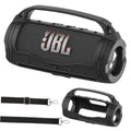 Black silicone speaker case with rugged handle and openings for ports