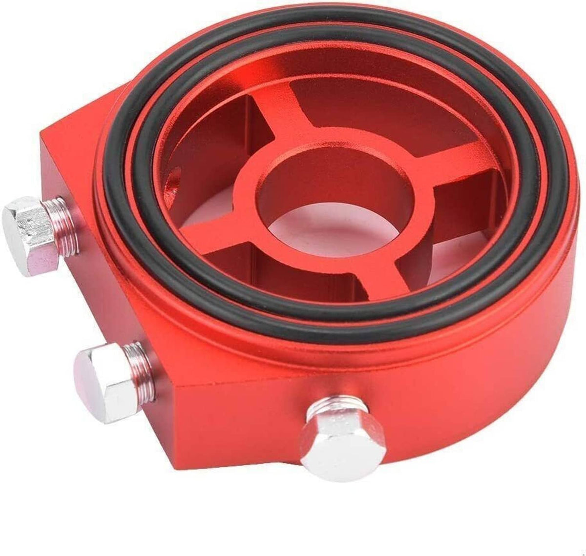 Red aluminum oil filter adapter plate with black ring and four silver mounting bolts