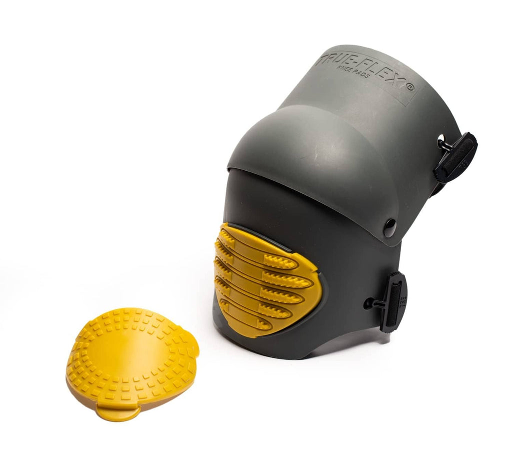 Single knee foam padding pad with dark gray shell and yellow anti-slip insert