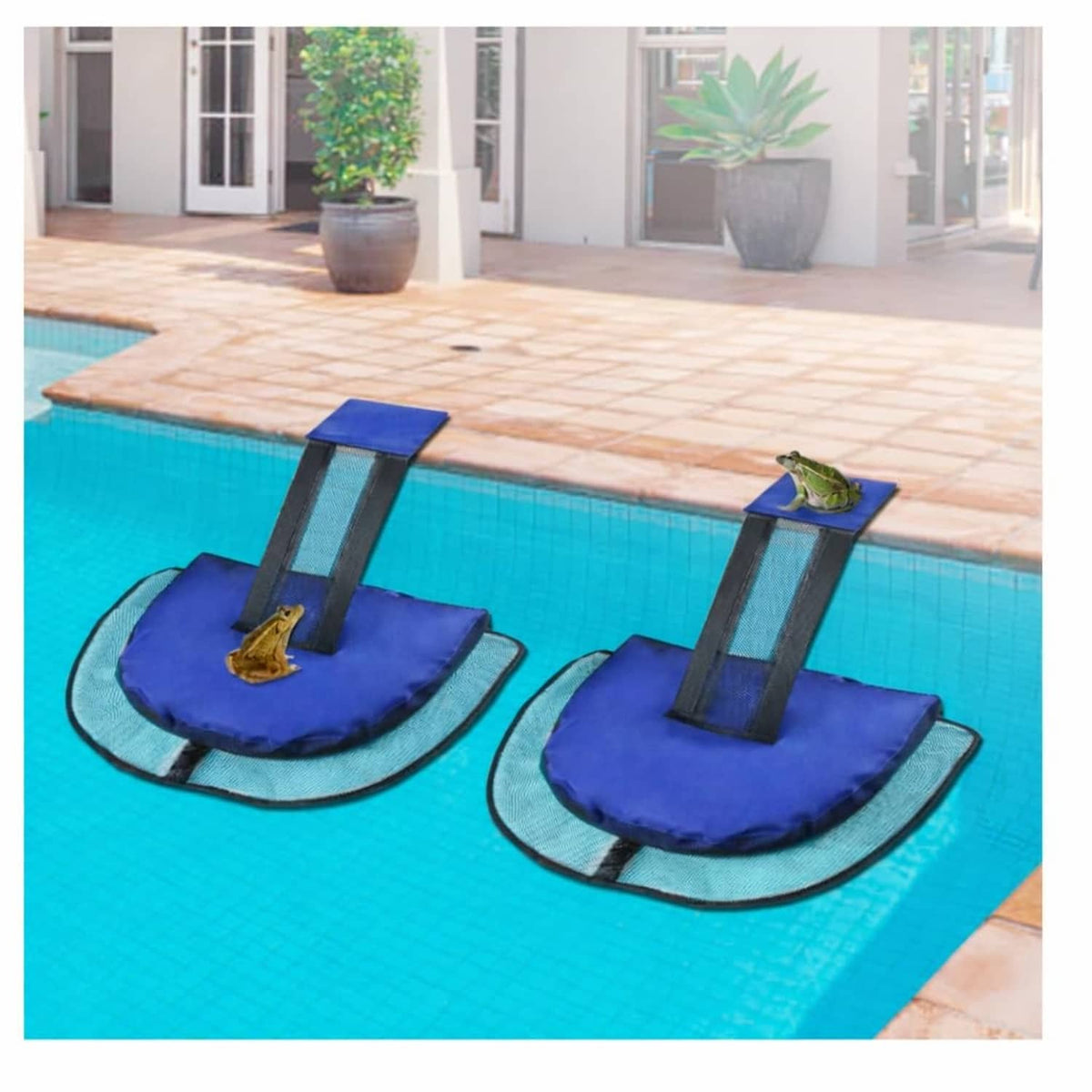 Set of two dark blue pool animal escape ramps with black mesh steps