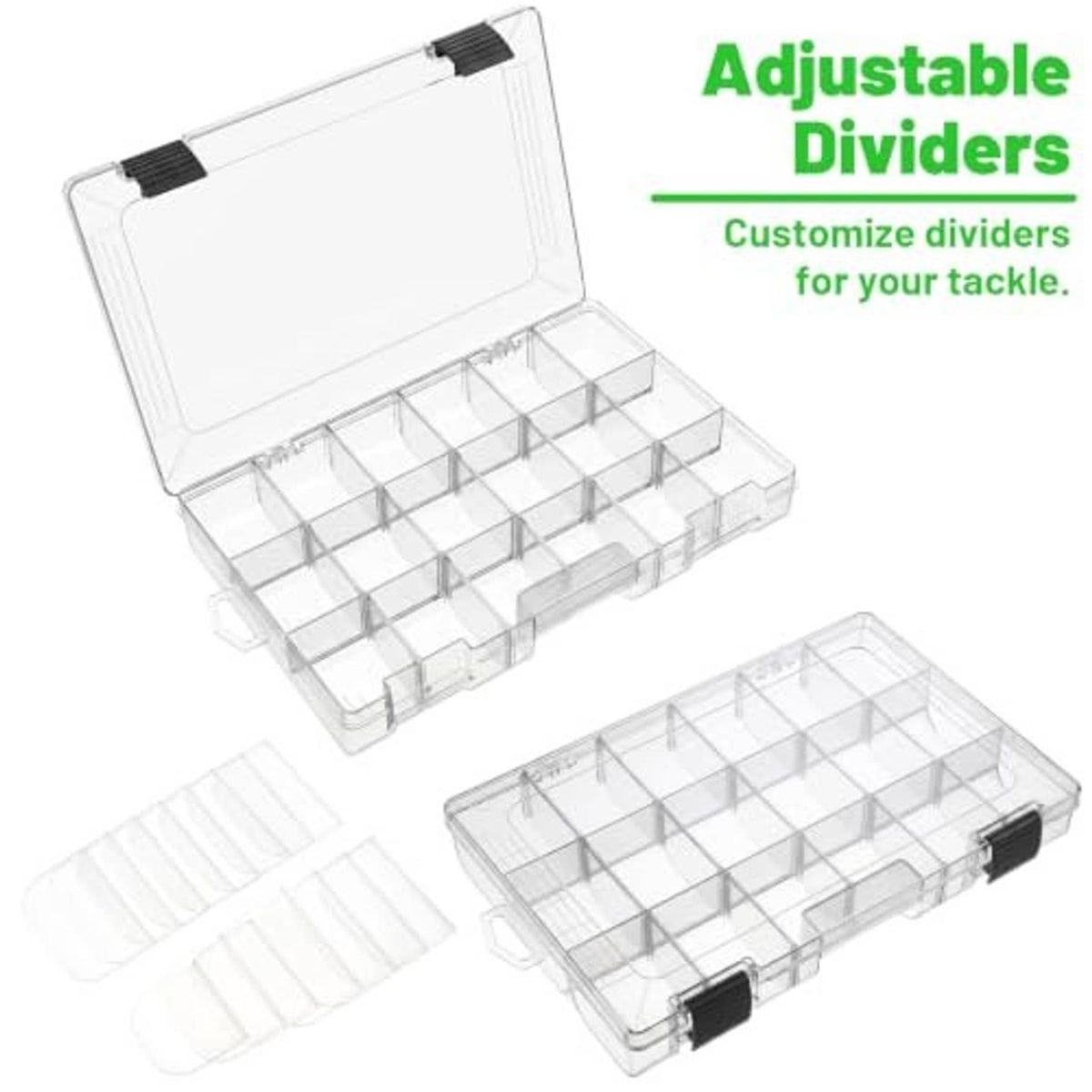 Clear tackle box with open lid and removable adjustable divider inserts