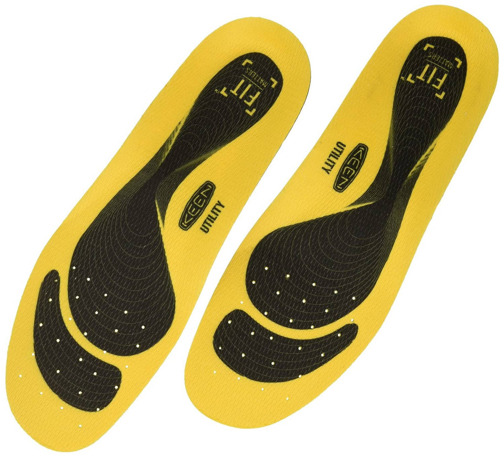 Pair of yellow insoles with black arch pads and Keen Utility label on top