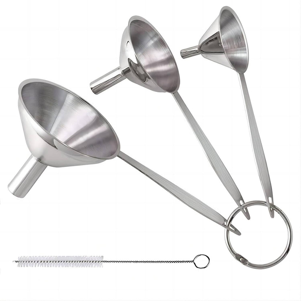 Silver metal funnel set with three long handles and spill guard cones
