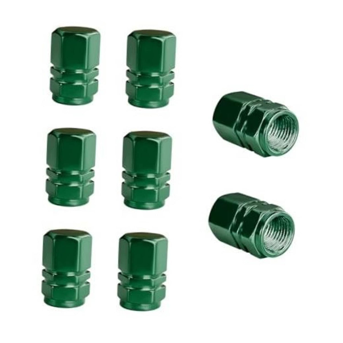 Green tire valve caps, aluminum alloy, threaded inserts (8-pack set)