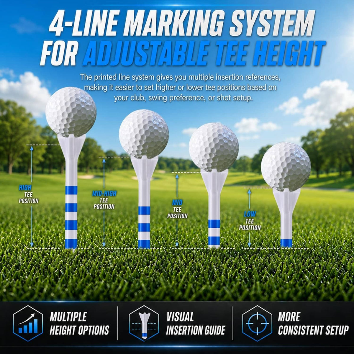 4-line marked golf tees for adjustable height, white with blue-striped shafts