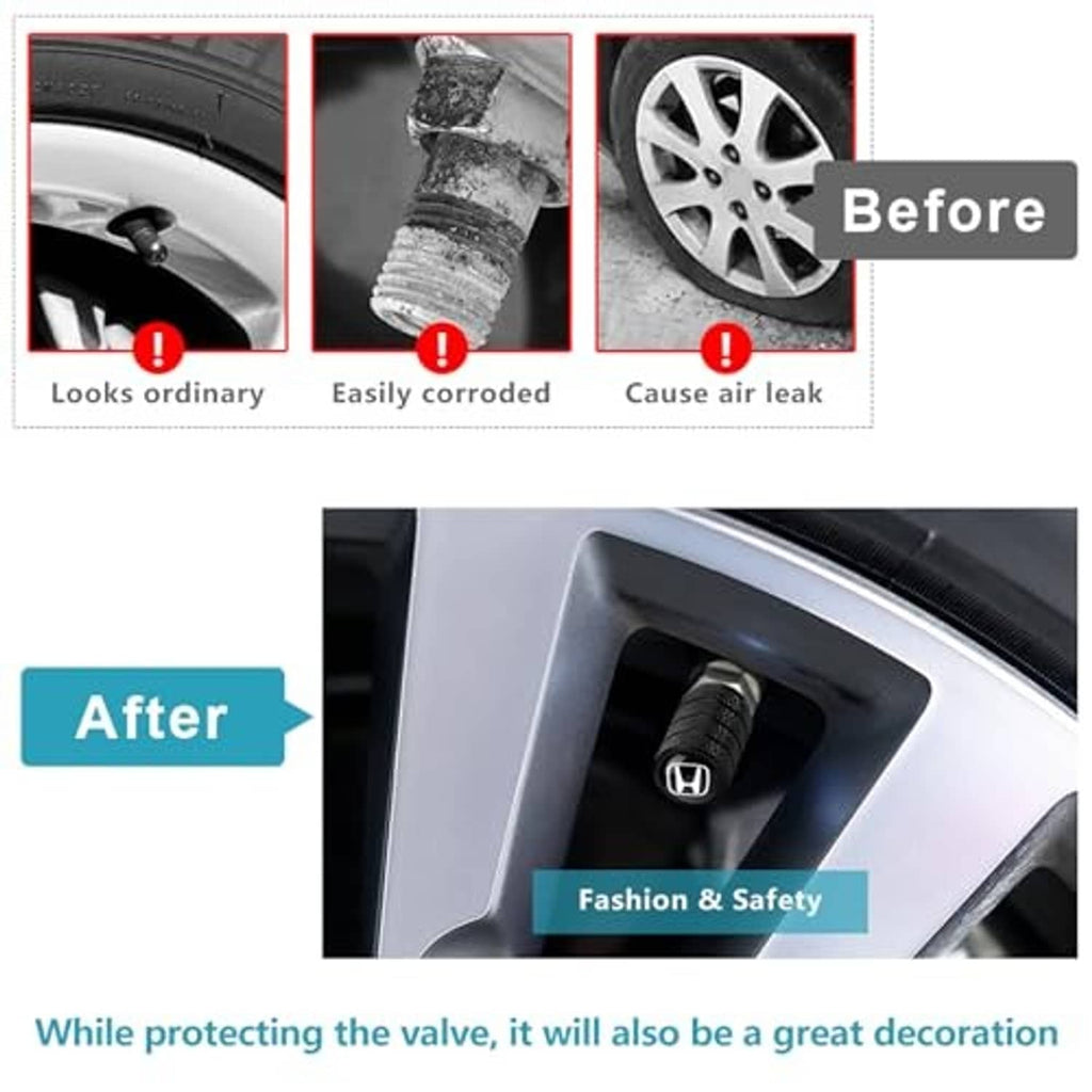 Black tire valve stem cap with white Honda logo shown in wheel opening