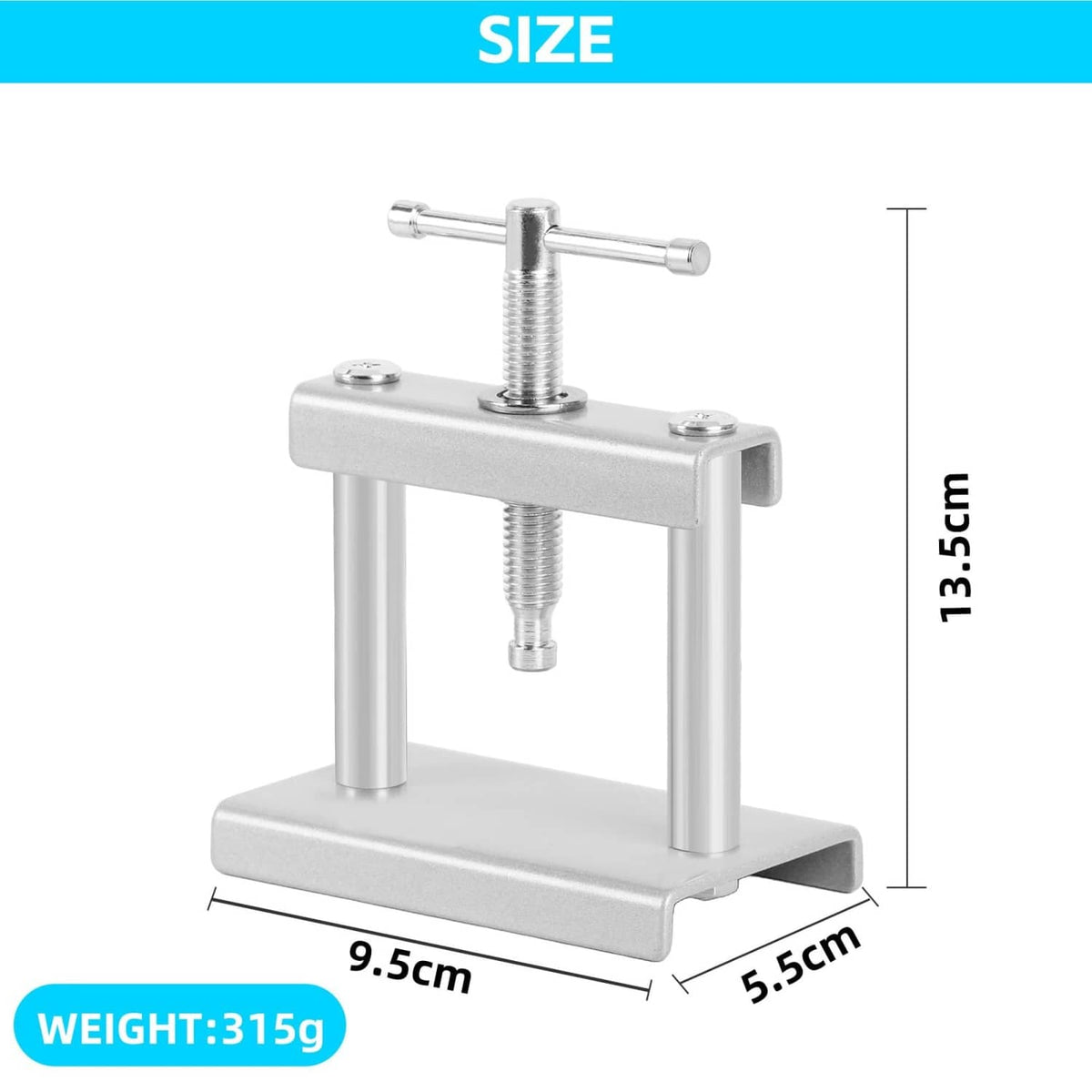 Adjustable metal watch presser tool with threaded screw and rectangular base, size shown
