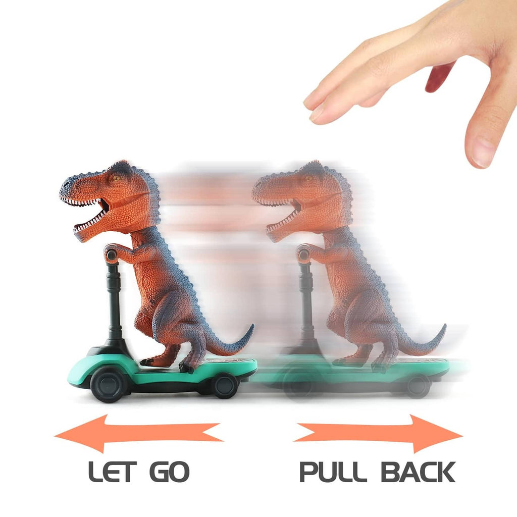 Pull-back dinosaur finger scooter with orange T-Rex, teal base, motion arrows