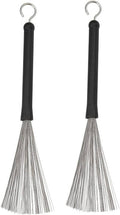 Pair of drum wire brush sticks with black handles and silver wire bristles, loop at top