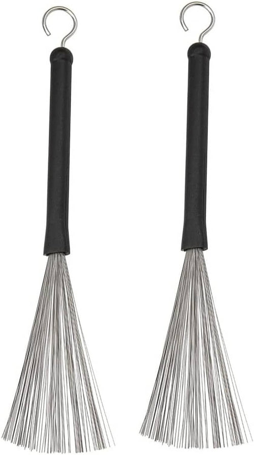 Pair of drum wire brush sticks with black handles and silver wire bristles, loop at top
