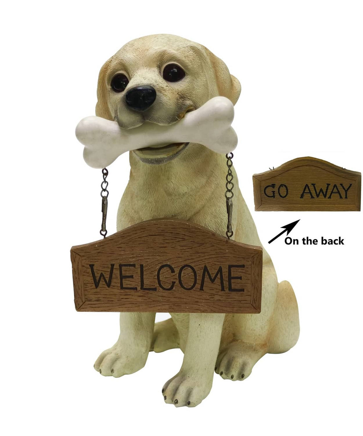 Tan Labrador puppy statue with “WELCOME” sign front and “GO AWAY” sign on back