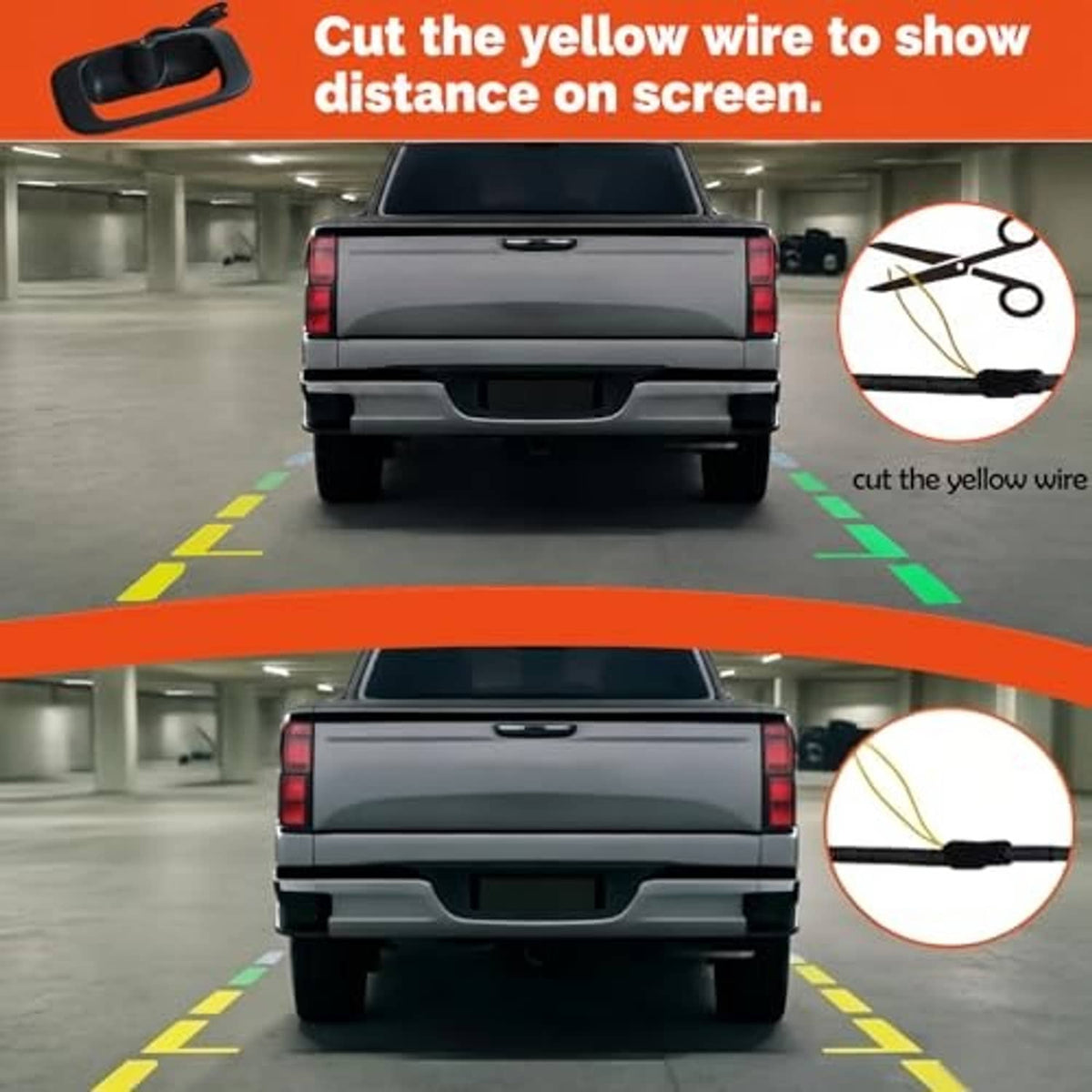 Tailgate handle backup camera installed on pickup rear with wiring lead detail