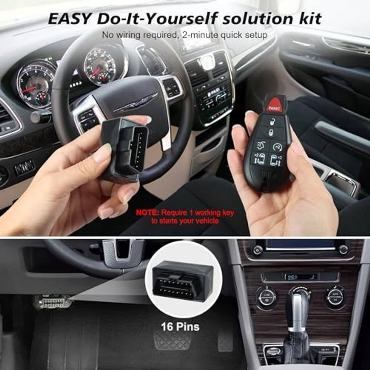 Black key fob remote in hand with installation tool kit and 16-pin connector