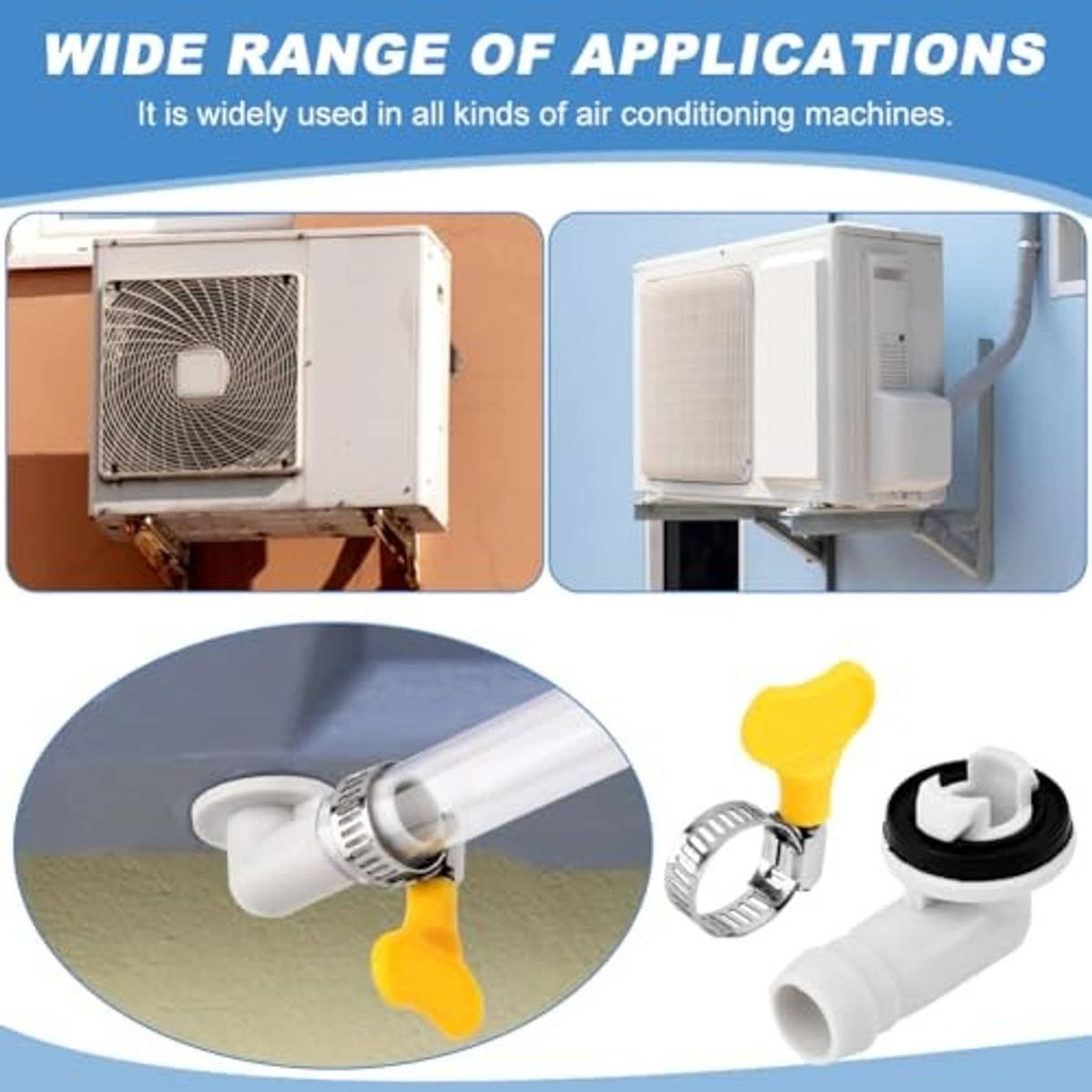 Universal AC drain hose fittings with clear tubing, yellow handle valve, and clamp ring