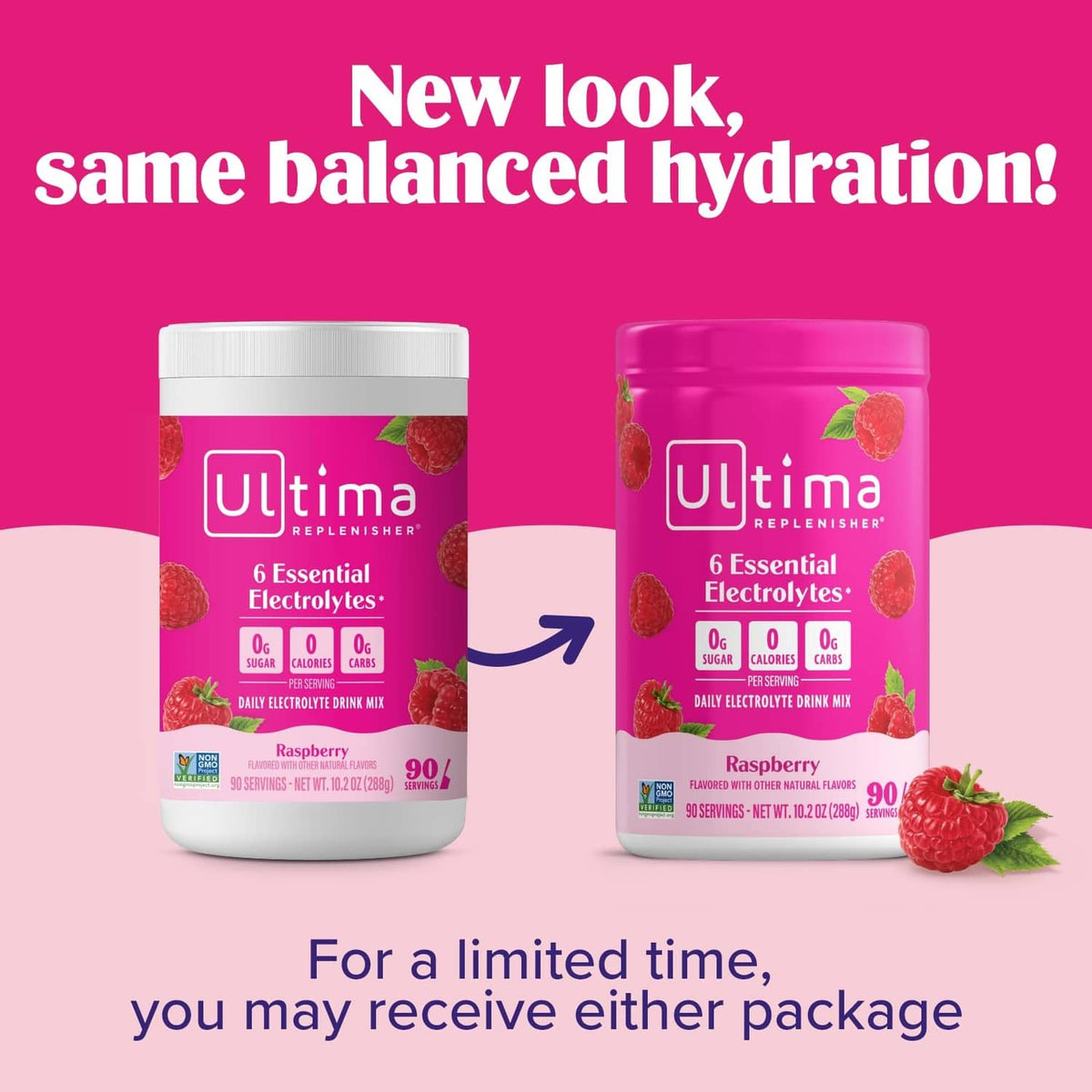 Raspberry electrolyte drink mix tubs, showing old and new package design.