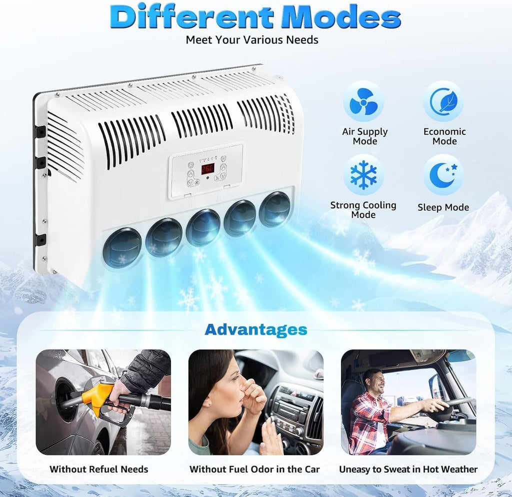 White indoor air conditioner evaporator with control display and four circular air outlets