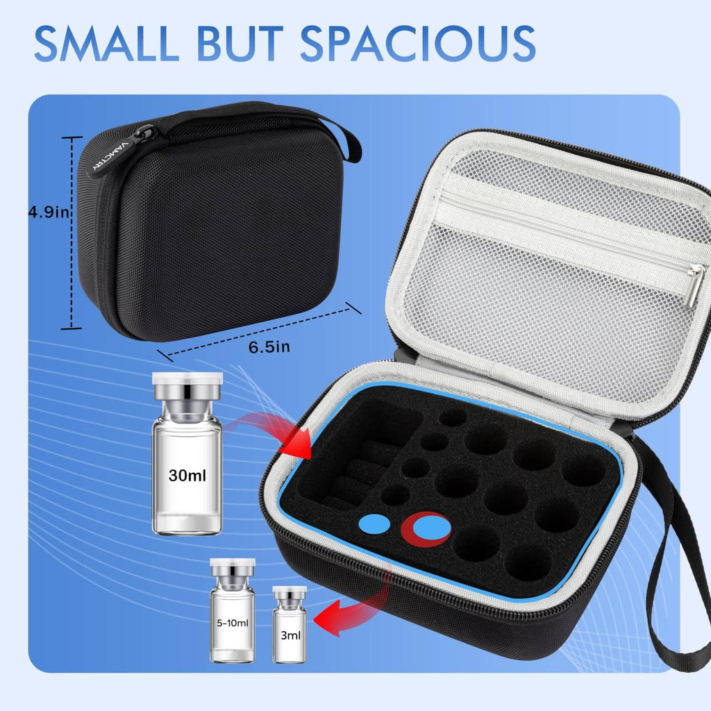 Black insulated vial case with shoulder strap, open lid and foam compartments