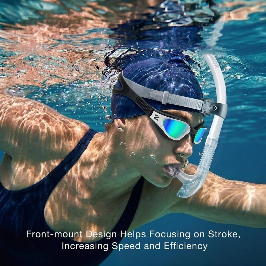 White swim snorkel set with mask and clear breathing tube worn underwater