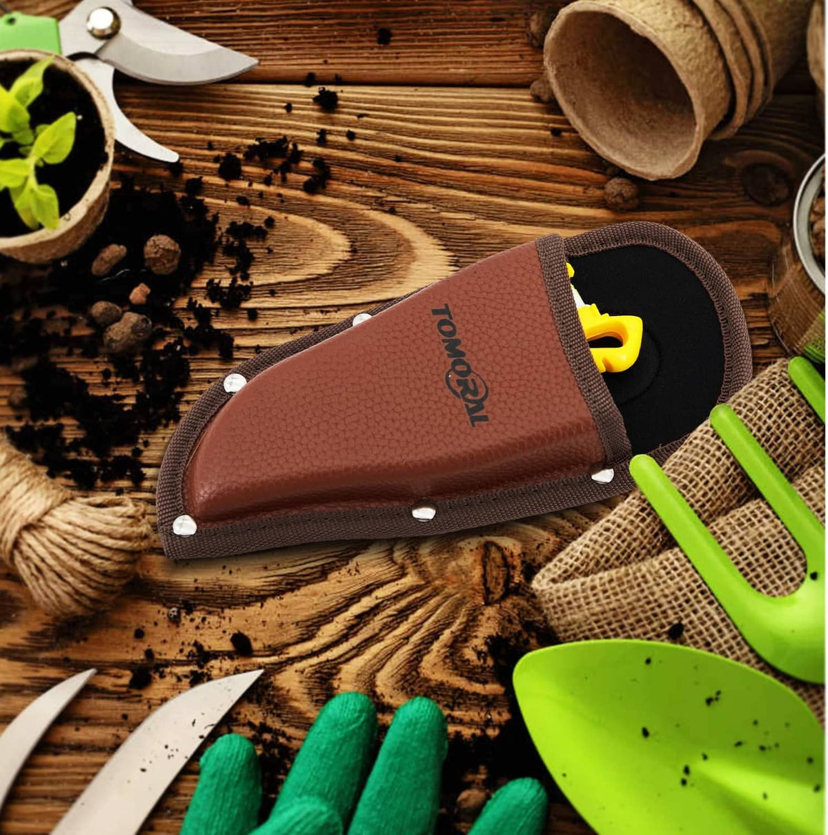 Brown PU leather pruning tool holster pouch with black lining and snap rivets