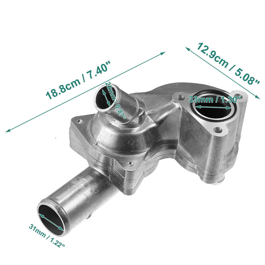 Aluminum thermostat housing with two ports and outlet pipe, silver metal
