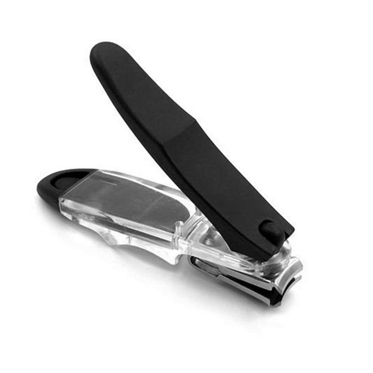 Stainless steel nail clipper with black handle and clear cutting head