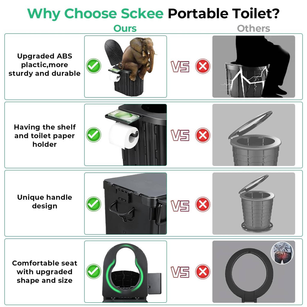 Foldable camping toilet with paper holder, black body, and hinged seat cover