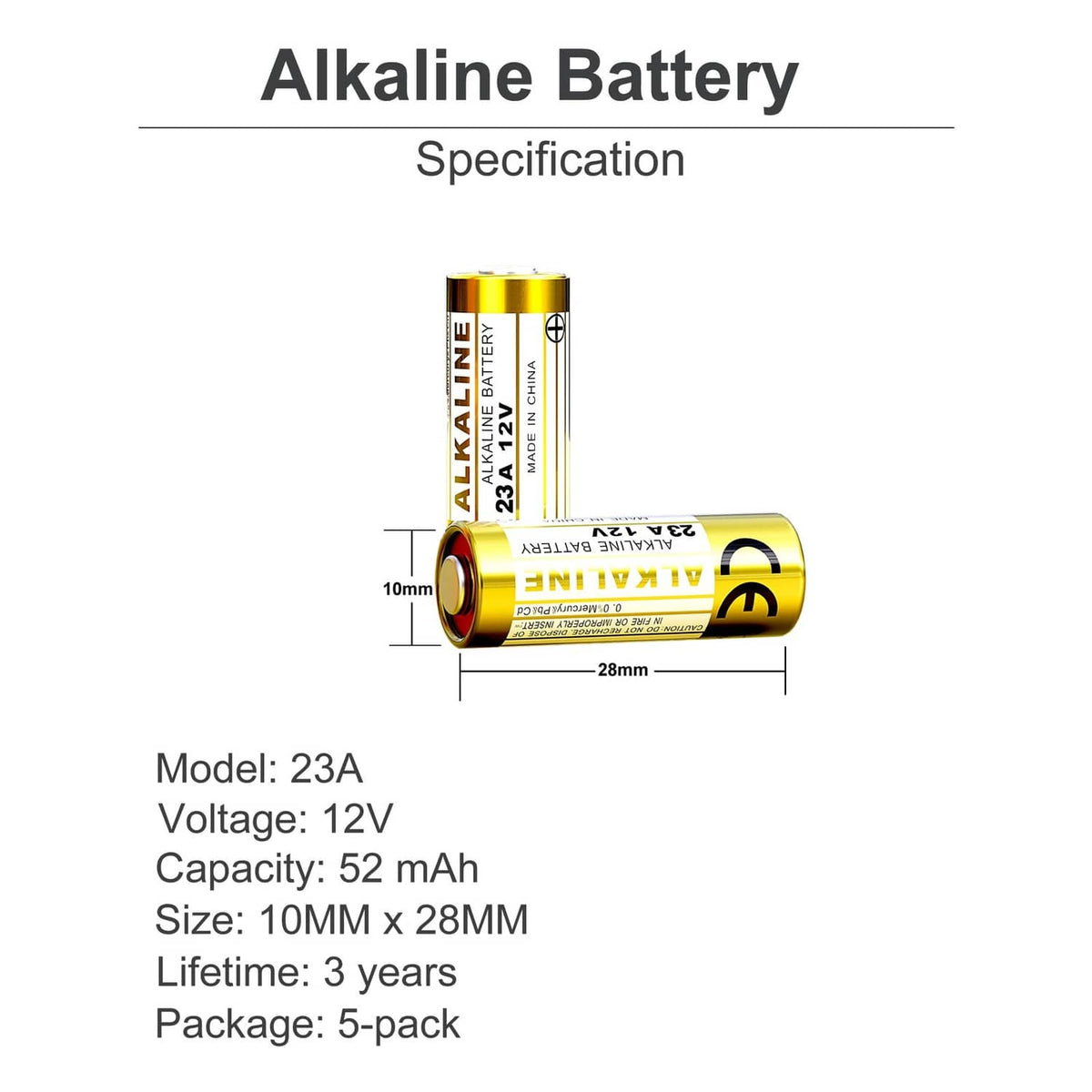 23A 12V alkaline battery with size measurement labels
