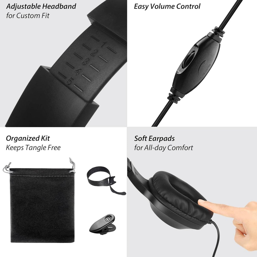Black over-ear wired headphones with adjustable headband, volume control, and soft pads