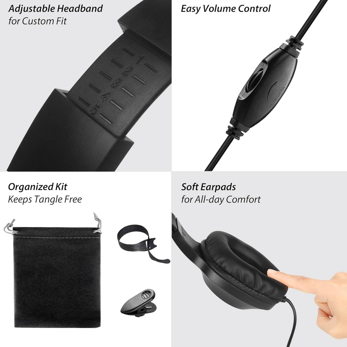 Black over-ear wired headphones with adjustable headband, volume control, and soft pads