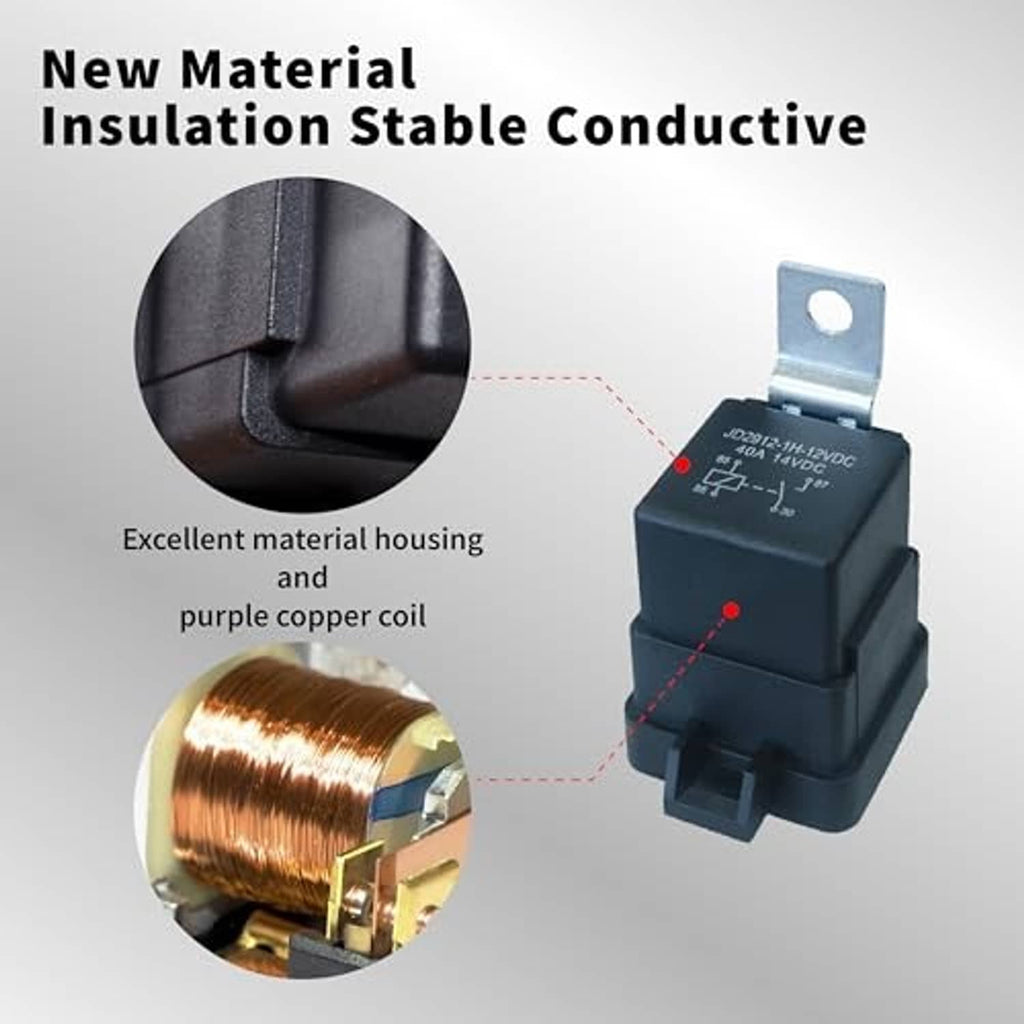 Black 5-pin automotive relay with mounting tab and copper coil detail close-up