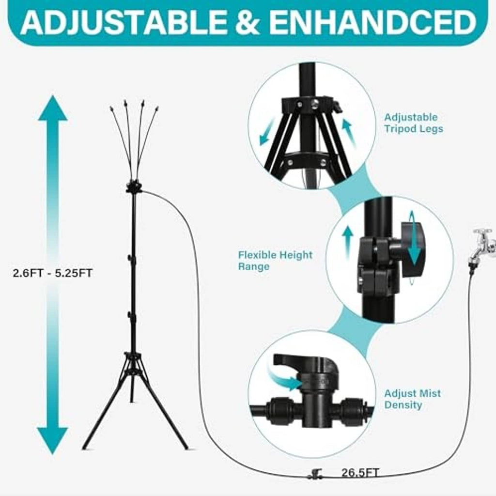 Adjustable misting stand infographic showing height range and mist density control